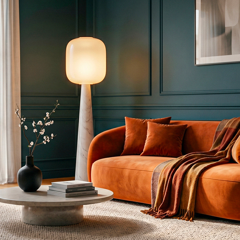 Salon design canapé velours orange et lampe lifestyle intérieur